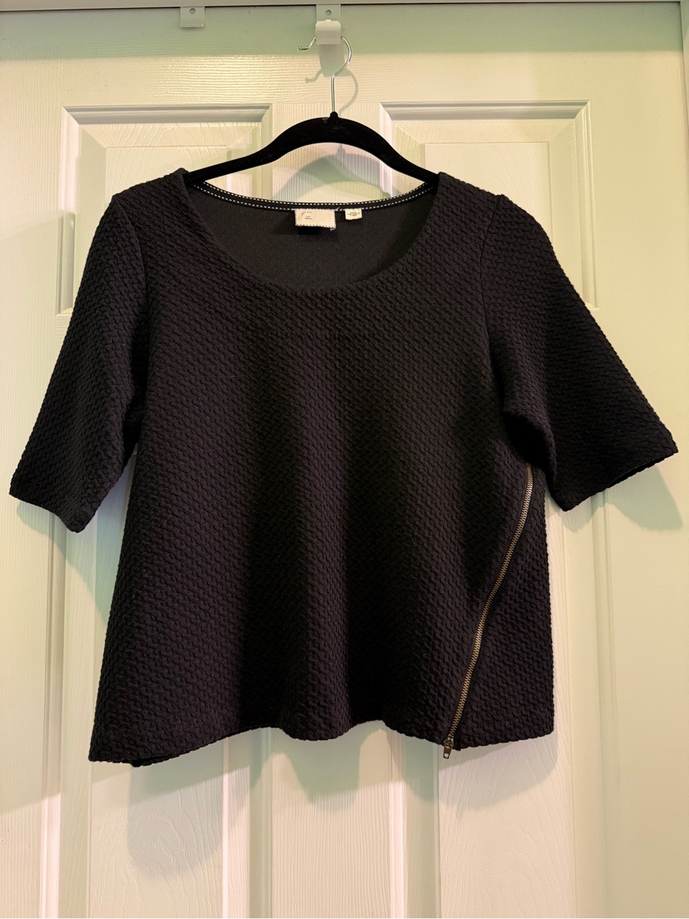Anthropologie Black Textured Scoop Neck Blouse with Asymmetric Zip